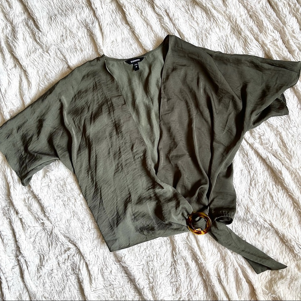 🫒 Satin Wrap Side Buckle Olive Green Top 🫒